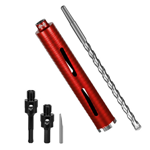 SALI Diamond Core Drill Bits 1 3/4" Diameter 10"/254mm Drilling Depth 5/8-11" Thread Core Bit Turbo Laser-Welded Segments for Cured Concrete with Brick Block Masonry with Two Adapters（Red）