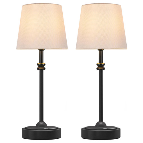 ONEWISH Cordless Table Lamps Set of 2 - Battery Powered Lamp, 4000mAh Rechargeable, Stepless Dimmable, Wireless Lamp with Fabric Shade, Warm Ambient Light for Bedside, Dining, Patio, Bathroom(Black)