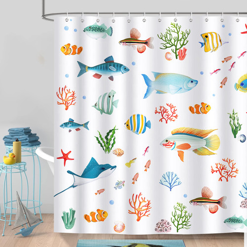Bonhause Fish Shower Curtain, Colorful Tropical Fish Ocean Creatures Bathroom Curtain 72x72 Inch Polyester Fabric Waterproof Bath Curtain with 12 Hooks