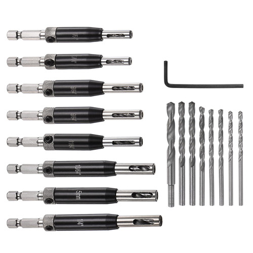 HARFINGTON 16pcs Self Centering Drill Bit Set 5/64" - 1/4" Door Hinge Drill Bit High Speed Steel Hex Shank Spring Loaded Woodworking Bits with Hex Key and Extra Replacement Drill Bits