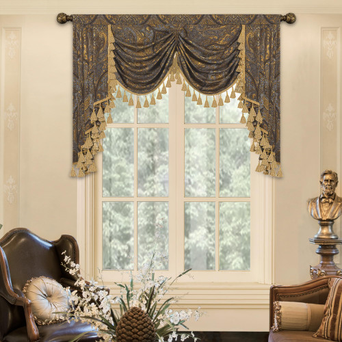 Loom and Mill Luxury Jacquard Waterfall Valance for Living Room, Classic Antique Swag Window Valances with Tassels, Bronze Gold Swag Curtains for Bedroom Banquet Holiday Decoration(W59Inch,1 Panel)