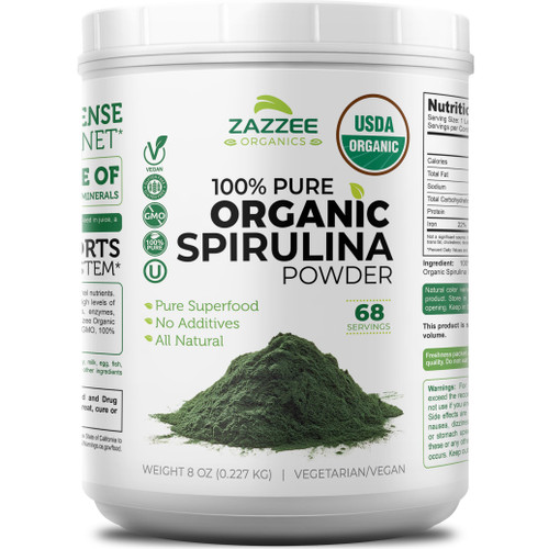 Zazzee USDA Organic Spirulina Powder, 8 Ounces, 68 Servings, Certified Kosher, 100% Pure, Non-Irradiated, Mess-Free Wide Mouth Container, Fresh Smell and Neutral Taste, Non-GMO, Made in the USA
