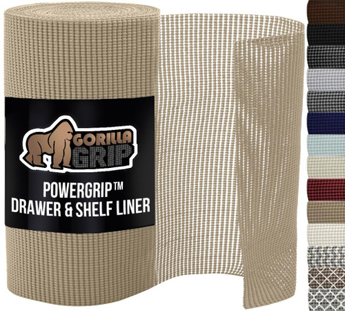 GORILLA GRIP powerGRIP Drawer Shelf and Cabinet Liner, Thick Strong Hold, Non-Adhesive Liners Protect Kitchen Cabinets and Cupboard, Bathroom Drawers, Easy Install, Breathable Mat, 12" x30', Beige