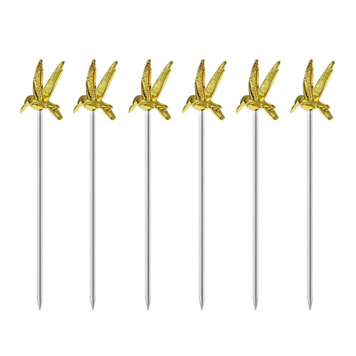 Metal Cocktail Picks Fruits Toothpicks, 6pcs Long-billed Bird Martini Picks Reusable Olive Picks Garnish Skewer for Party Bar Reunion (Gold)