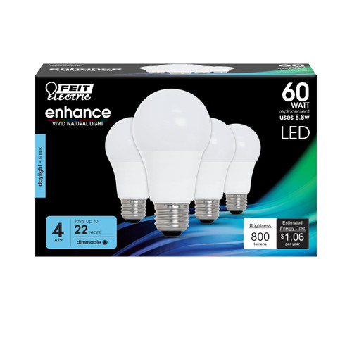 Feit Electric A19 LED Light Bulb, 60W Equivalent, Dimmable, 800 Lumens, E26 Medium Base, 5000K Daylight, CRI 90, 25,000 Hour Lifetime, UL Listed, Damp Rated, 4 Pack, OM60DM/950CA/4