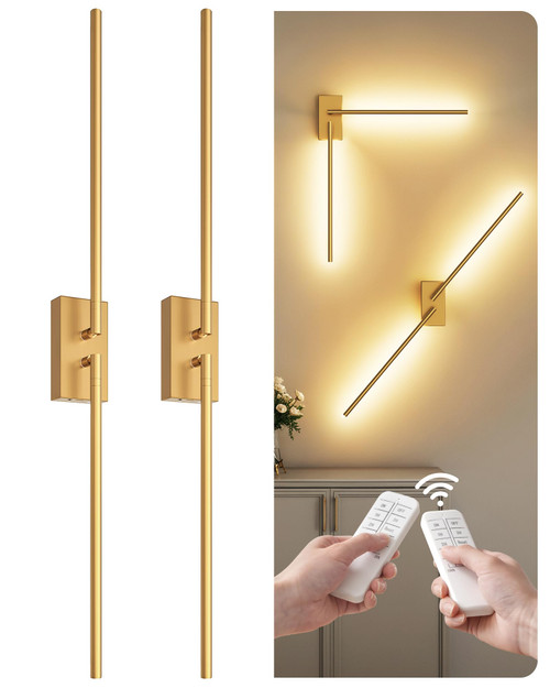 GOEBLESON 38.6" Wireless Battery Operated Wall Sconces Set of Two,Rechargeable Lamp with Remote, DIY Rotation, 10000mAh Battery, Touch Dimmable Lights for Living Room Hallway Bedroom, Gold D08YBP205
