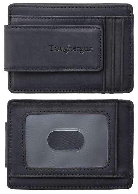 Toughergun Slim Wallet for Men RFID Blocking Money Clip, Minimalist Front Pocket Credit Card Holder, Magnetic Thin Mens Wallets with ID Window(Black)