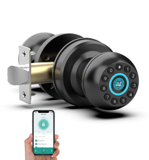 Anweller Smart Door Knob with Lock, Fingerprint Code Keypad Keyless Entry Electronic Digital Biometric Bluetooth App Control Doorknob for Bedroom Interior Apartment Garage - Black