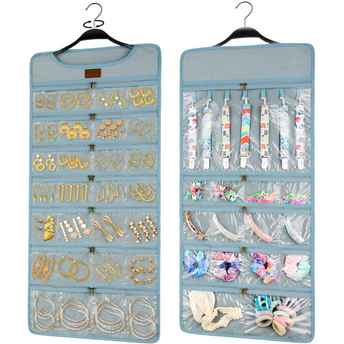 SMRITI Hanging Jewelry Organizer with Dual Zippered Pockets Canvas Double Sided Rotating Hanger Necklace Hanging Wall Organizer Earring Dustproof Holder Wall Mount Accessories Display Bag(Light Blue)