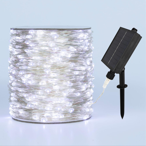 ZELUXDOT Solar String Lights for Outside,100FT 300 LEDs Solar Fairy Lights,Waterproof 8 Modes Button Outdoor String Light for Patio Garden Backyard Tree Wedding Christmas,Silver Wire,Cool White