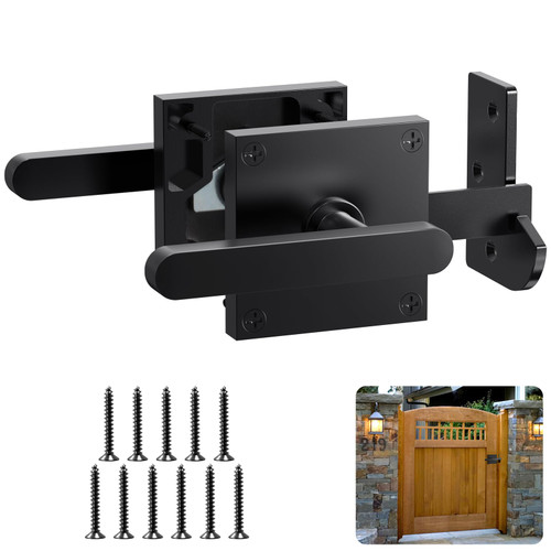 Aglehome Double Side Gate Latch, Heavy Duty Gate Latch for Wooden Fence, Black Fence Gate Latch with Handles, Left Inswing Gate Latch for Wooden Gates, Vinyl Gate, Backyard, Garden