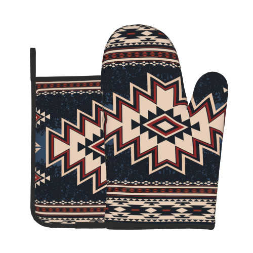 Oven Mitt and Pot Holders Sets - Boho Kitchen Mitts Decorative Tribal Oven Gloves Bohemian Hot Pads Set of 2 for Cooking BBQ Baking Grilling