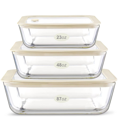 Urban Green Glass Food Container Set with Silicone Glass Lid, 3 Pack, Airtight, LeakProof, 100% Plastic Free, Meal Prep Containers (White Color)
