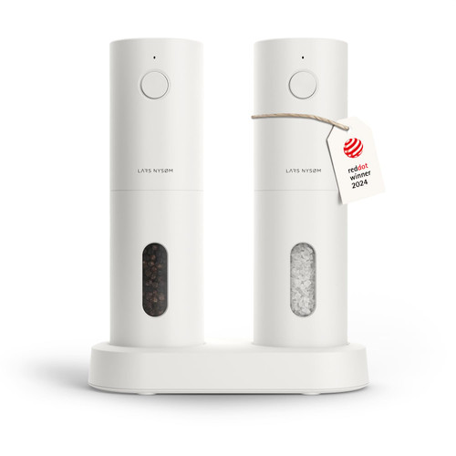 LARS NYSØM Electric Salt and Pepper Grinder Set, USB Rechargeable, Automatic Salt and Pepper Mills, Spice Shakers Refillable with LED Light, Adjustable Coarseness, Ceramic Grinder (Pure White) LARS NYSØM Electric Salt and Pepper Grinder Set, USB Rechargeable, Automatic Salt and Pepper Mills, Spice Shakers Refillable with LED Light, Adjustable Coarseness, Ceramic Grinder (Pure White)