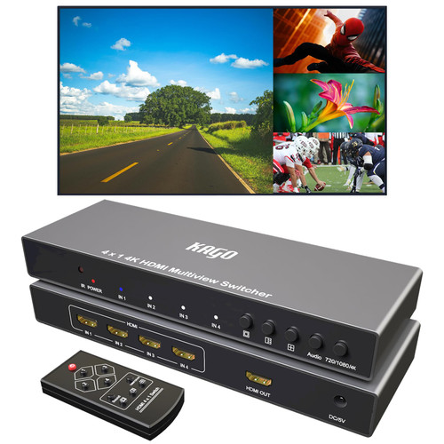 KAGO 4K HDMI Multi Viewer 4x1 Quad Divider with Remote Control, Seamless Switcher 4 Port in 1 Out, Supports 1080P & 30Hz for PC, PS5, Security Camera and Gaming
