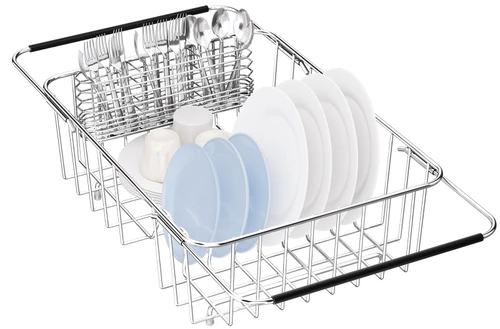 YZPGBT Large Dish Drying Rack in Sink Expandable, Adjustable 304 Stainless Steel Metal Dish Drainer Rack Organizer with Stainless Steel Utensil Holder Over Inside Sink Counter, Rustproof