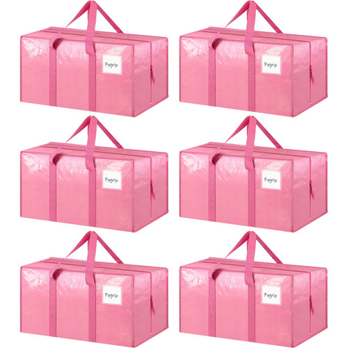 6 Pack Extra Heavy Duty Large Moving Bags with Strong Zipper & Comfortable Handles, Sturdy & Durable Clothes Storage Bags Totes Bins, Packing Moving Boxes for College Supplies, Pink
