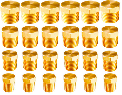 WHK 24 PCS Brass Hex Pipe Plug Fittings Kits,Brass Plugs Fitting Assortment 1/8" 1/4" 3/8" 1/2" NTP Brass Plug Male Threaded