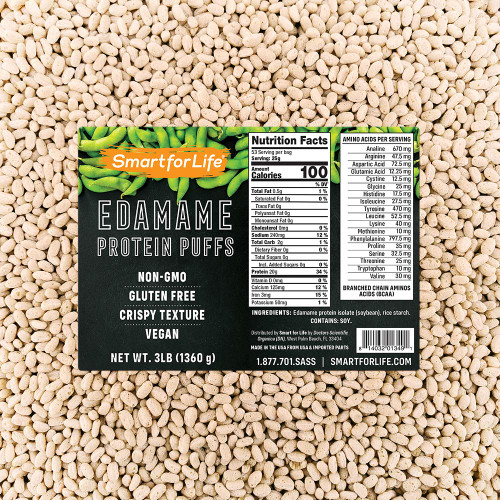 Smart for Life Soy Protein Puffs from Edamame - High Protein Zero Sugar Soy Protein Isolate Puffs - 20 Grams Protein Snacks - Non-GMO, Gluten-Free - 3 Pound Box - 53 Servings - Soy Puffs… Smart for Life Soy Protein Puffs from Edamame - High Protein Zero Sugar Soy Protein Isolate Puffs - 20 Grams Protein Snacks - Non-GMO, Gluten-Free - 3 Pound Box - 53 Servings - Soy Puffs…