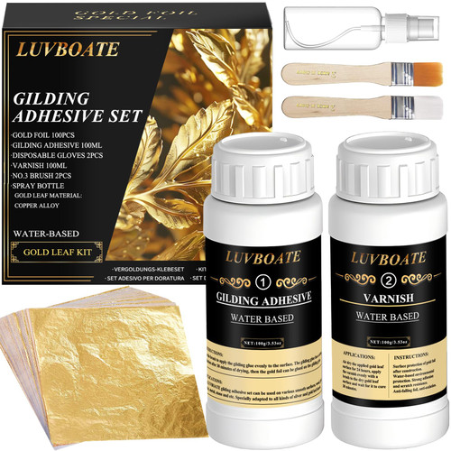 Gilding Adhesive Set, LUVBOATE Gold Leaf Kit, 3.53oz Water Based Adhesive and 3.53oz Varnish with Gold Leaf Sheet 100 pcs, Gold Foil Set for Arts, Craft, Painting, Furniture and Decoration