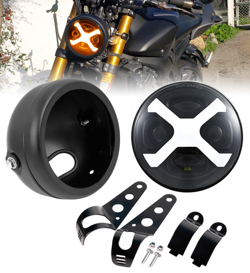 HENGTUAOTO 5-3/4 5.75" X-Style Yellow DRL Motorcycle Headlight with Headlight Housing Bucket Mount Brackets Compatible with Shadow 750 Rebel 500 Vulcan Cafe Racer Choppers Cruiser