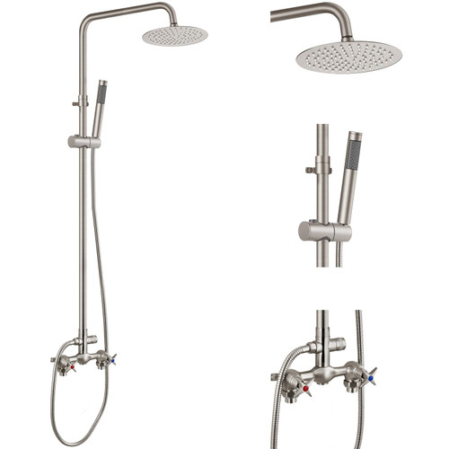 Aolemi Outdoor Shower Kit Outdoor Shower Fixtures Faucet System 2 Handle with 8 Inch Rainfall Shower Head and Handheld Sprayer Exposed Shower with Adjustable Height Shower Pipe Brushed Nickel