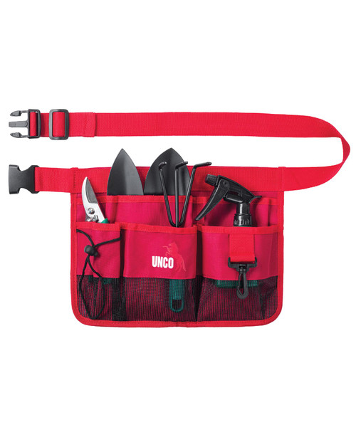 UNCO- Adjustable Gardening Belt, Red, 7 Pockets, Wear, Cut and Water Resistant, Garden Tool Belt Pouch, Waist Apron with Pockets