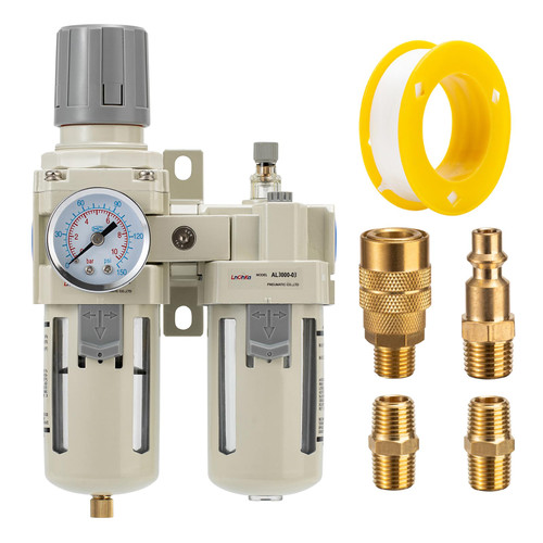 LNCHKA Air Compressor Filter Regulator Lubricator (FRL) Unit,Air Pressure Regulator with Pressure Gauge(0-150PSI),3/8” NPT Oil Water Separator,Semi-Auto Drain,Suitable for Pneumatic Systems