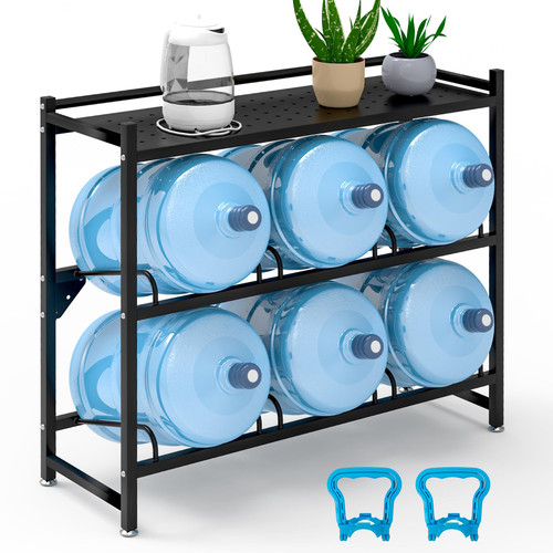 Eastrexon 5 Gallon Water Jug Holder Heavy Duty，3-Tier Water Jug Rack w/Top Shelf, Wall Mount Water Bottle Holder for 6 Bottles, Powder Coated Water Rack Stand for Home, Office, Restaurant, Gym.