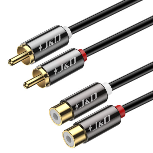 J&D 2 RCA Extension Cable, RCA Cable, Gold Plated Copper Shell Heavy Duty 2 RCA Male to Female Stereo Audio Extension Cable, 6 Feet