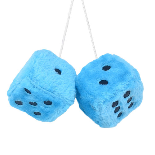 Pair 3” Light Blue with Black Dots Mirror Fuzzy Plush Dice, Light Blue and Black Soft Plush Car Decorative Hanging Ornament