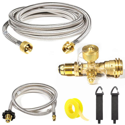 Extend a Stay RV Propane Kit, Propane Brass Tee 4 Port with 12 FT and 5 FT Stainless Steel Hoses for Motorhomes, Connecting Auxiliary Propane Bottles and Appliances
