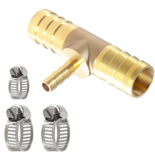 MSAEIQUN 5/8" X 1/4" X 5/8" Brab Reducing Tee Brass Barb Fittings with Stainless Steel Pipe Clamps for Gas/Fuel/Air