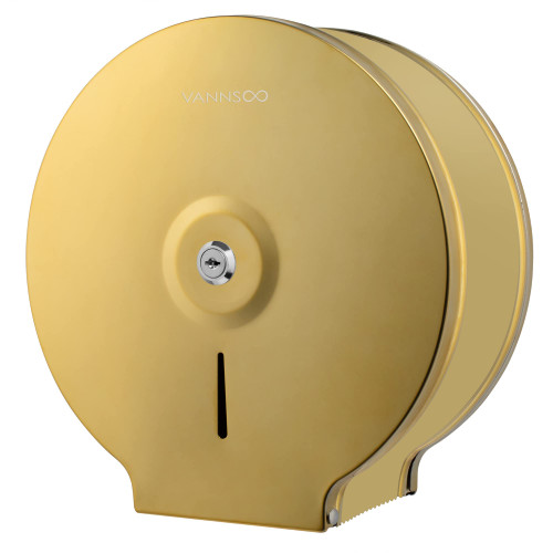 VANNSOO Commercial Jumbo Toilet Paper Dispenser, Wall Mount Stainless Steel 9 Inch Roll Toilet Paper Holder Bath Tissue Dispenser with Lock Key (Gold)