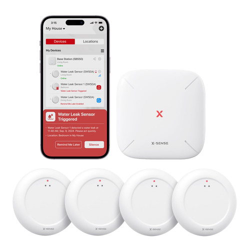 X-Sense Wi-Fi Water Leak Detector Kit, Smart Water Sensor Alarm with App Alerts and Ultra-Slim Design, Water Alarm Leak Detector for Basements, 4 Water Sensors and 1 Base Station, Model SWS0A41