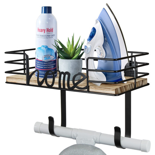 TJ.MOREE Ironing Board Hanger Wall Mount with Large Storage Wooden Base Basket and Removable Hooks (Black) For Laundry Room