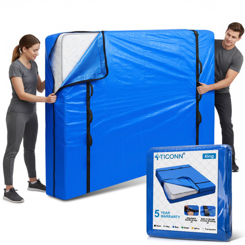 TICONN Mattress Bags for Moving, Heavy Duty King Mattress Cover Storage Bag with Full-Around Handle and Adjustable Buckles (Blue, King)