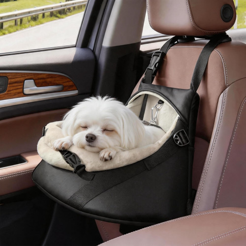 YUDODO Teacup Dog Car Seat – Designed for Tiny Dogs up to 7 lbs – Luxurious Vegan Leather Booster Seat for Chihuahua & Yorkie with Safety Belt & Soft Cushion, Black