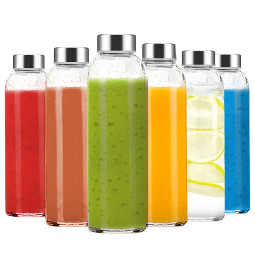 Luxfuel 24 oz Clear Glass Bottles with Lids, Reusable Glass Water Bottles with Stainless Steel Cap for Juicing, Refrigerator,100% Leak Proof, BPA Free, Juice Water Bottle Set of 6