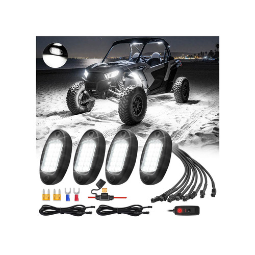 4Pods All Pure White LED Rock Lights Full Kit Plug and Play & Pre Wired 6500K with Switch Wiring Harness Extension Fuse, 60Chip Waterproof Bright Underglow 12V for UTV ATV Offroad RZR Four Wheeler SXS