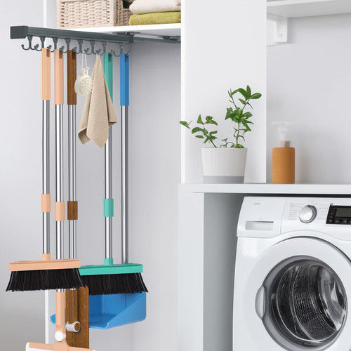 Pull Out Broom Holder, Multifunctional Slide Broom And Mop Storage/Organizer With Adjustable Double Row Sliding Hook, Garage Organization Hooks, for Closet Laundry Garage 46CM - grey - 46cm/18.11inch