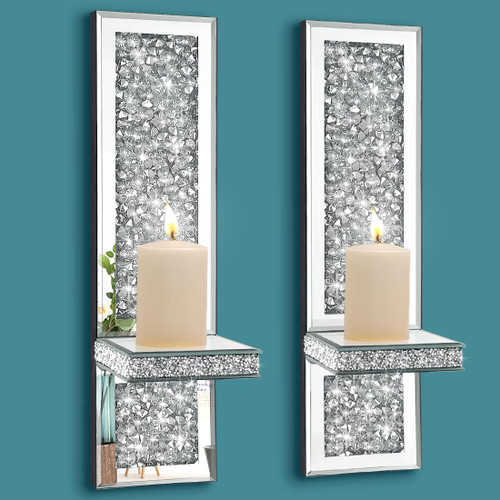 Pibeyer Crystal Crush Diamond Wall Candle Holder Set of 2, Silver Mirrored Candle Sconces, Home Wall Decoration for Living Room,Dining Room & Bedroom