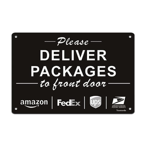 Please Deliver Packages to Front Door Sign, Yuntarda 10”x7” Rust Free 40Mil Aluminum UV Printed Metal Reflective Sign Easy to Mount No Fading Outdoor Use