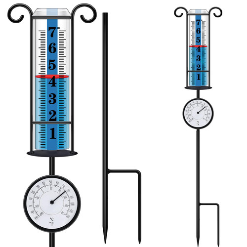 JMBay Rain Gauge Outdoor with Thermometer, Rain Gauges Outdoors Best Rated, Large Font Rain Measure Gauge for Yard, Rain Water Meter with Thickened Plastic Tube and Duralbe Metal Stake for Patio,Lawn
