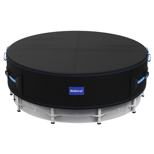 Holiwei 15 Ft Round Pool Cover with Reflective Strips, 420D Swimming Pool Cover for Above Ground Pools, Solar Cover with Drawstring and Ground Nails for Dustproof, UV Protected