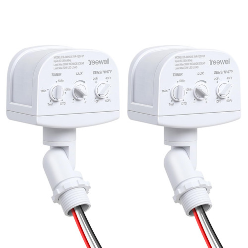 TREEWELL 2 Pack 240-Degree Replacement Motion Sensor, Adjustable LUX(5-300) & Time & Detection Sensitivity Up to 60 Feet Range, 3 Working Modes Outdoor Motion Detector for Security Floodlight, White