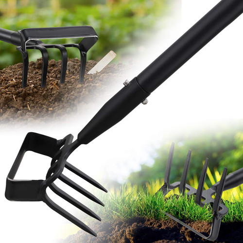Garden Hoe, 2-in-1 Stirrup Action Hoe with 4-Tine Cultivator Rake, 74 Inch Long Handle Scuffle Weeder Hoe Weeding Tool for Fast Weeding, Soil Loosening, Aerating and Compost Mixing