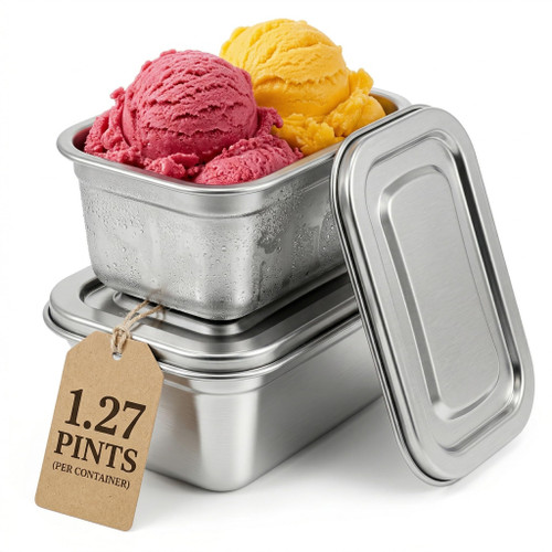 Hemoton 2 Pcs Stainless Steel Ice Cream Containers, Reusable Homemade Ice Cream Tub Freezer Storage with Lids, 24oz Metal Stackable Food Storage Bins for Yogurt, Sorbet, Gelato, Kitchen Meal