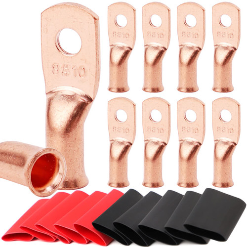 TKDMR 10pcs 8 AWG-#10 Battery Lugs,Heavy Duty Wire Lugs,Ring Terminals,Battery Cable Ends,0 Guage terminals,Battery Terminal Connectors with 10pcs 3:1 Heat Shrink Tubing
