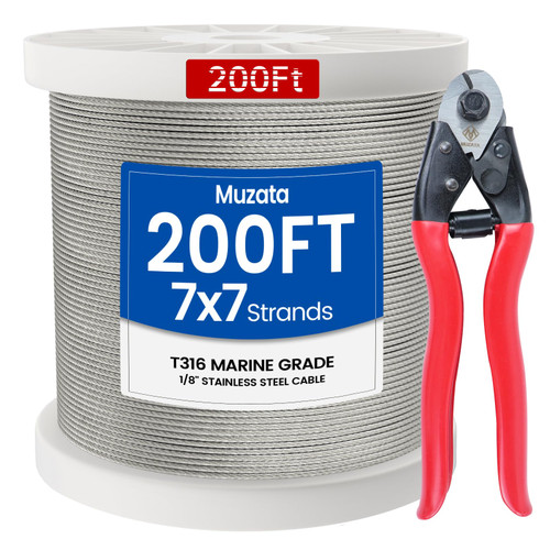 Muzata 200 ft 1/8" Stainless Steel Cable Railing System Hardware T316 Stainless Steel Wire Rope 7x7 1800 lb Breaking Strength Deck Cable Railing Kit with Wire Cutter for Indoor Outdoor Coastal WR02